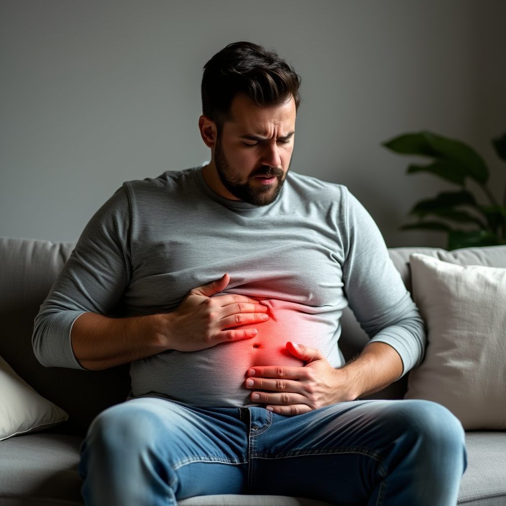 Person experiencing stomach discomfort representing digestive health concerns and gut wellness.