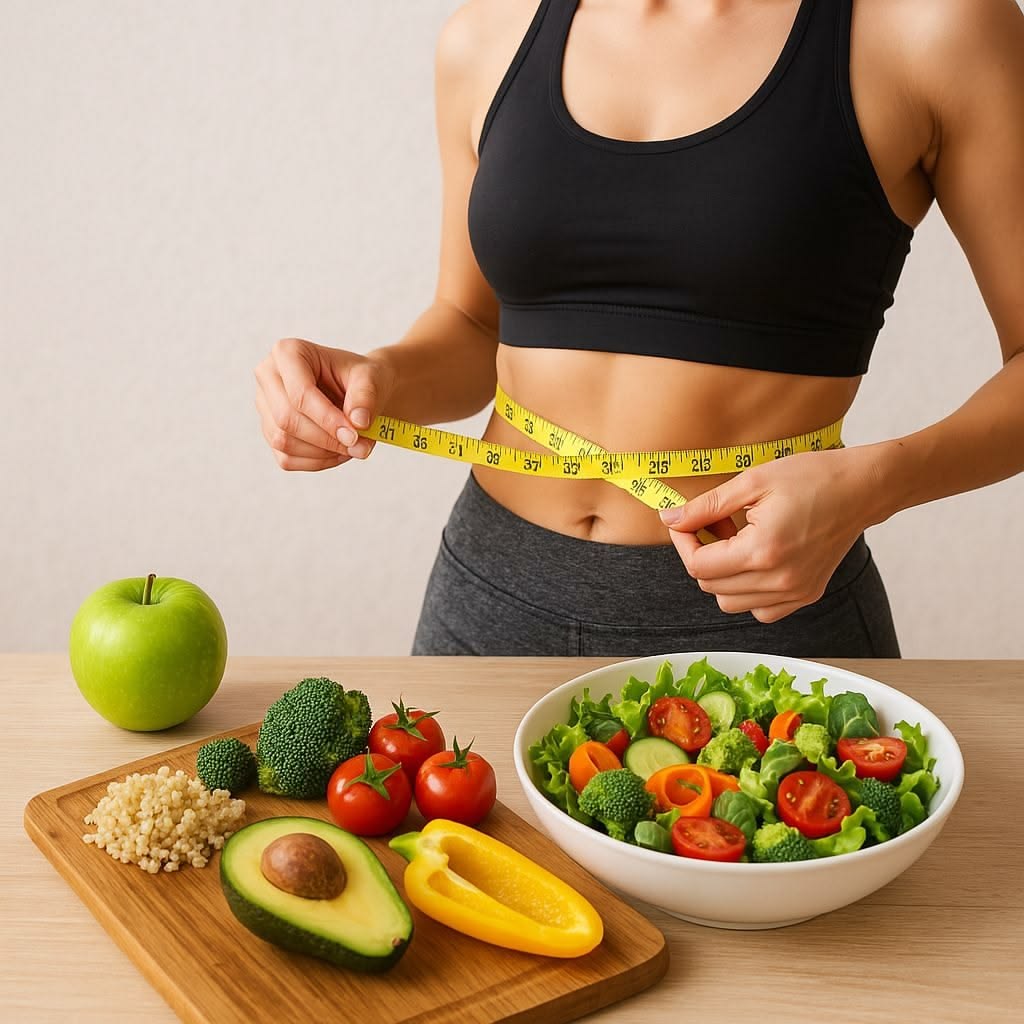 Healthy nutrition and waist measurement supporting metabolic health, healthy weight loss, and long-term wellness.