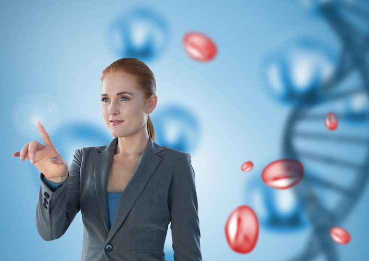 Woman with hormone-related graphics representing hormone health evaluation and personalized care.