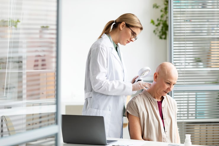Healthcare provider offering personalized supportive care to a patient during cancer treatment.