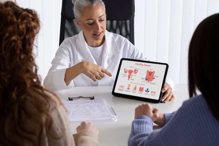 Female doctor explaining female reproductive health using a digital tablet during a patient consultation