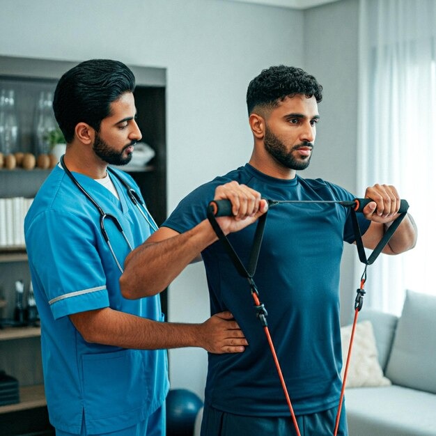 Physical therapist guiding a patient through resistance band exercises to improve strength and recovery.