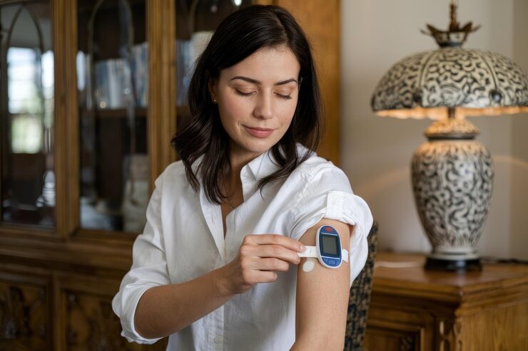 Woman using a continuous glucose monitor (CGM) as part of a personalized metabolic health program.