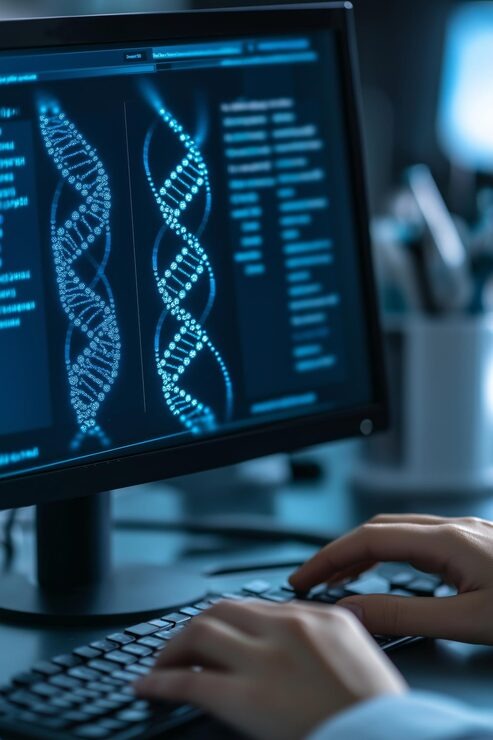 Computer displaying DNA analysis during a genetics testing evaluation for personalized healthcare.