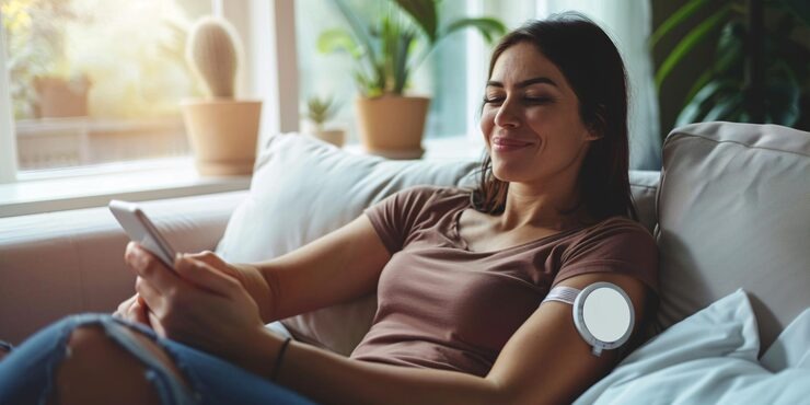 Woman relaxing while wearing a continuous glucose monitor to track glucose trends throughout the day.