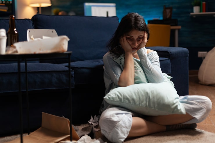 Person sitting on the floor reflecting emotional wellness and mental health support.