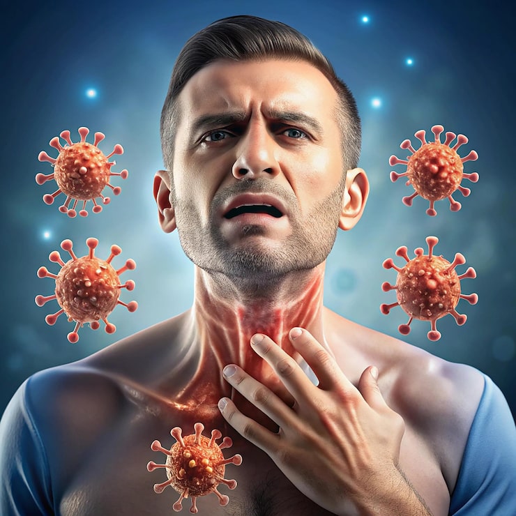 Person experiencing autoimmune disease symptoms illustrated with an immune system concept.