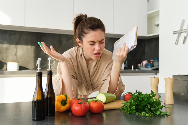 Woman surrounded by healthy foods representing natural detoxification and nutritional wellness.