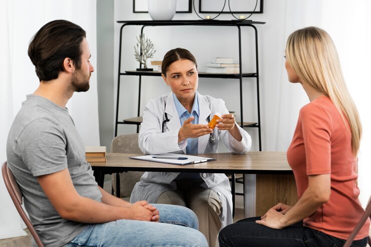 Functional medicine provider discussing health concerns with patients during a comprehensive consultation.