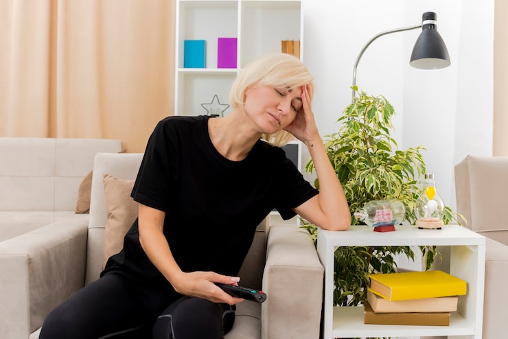 Woman experiencing low energy while relaxing at home, representing fatigue and energy restoration.