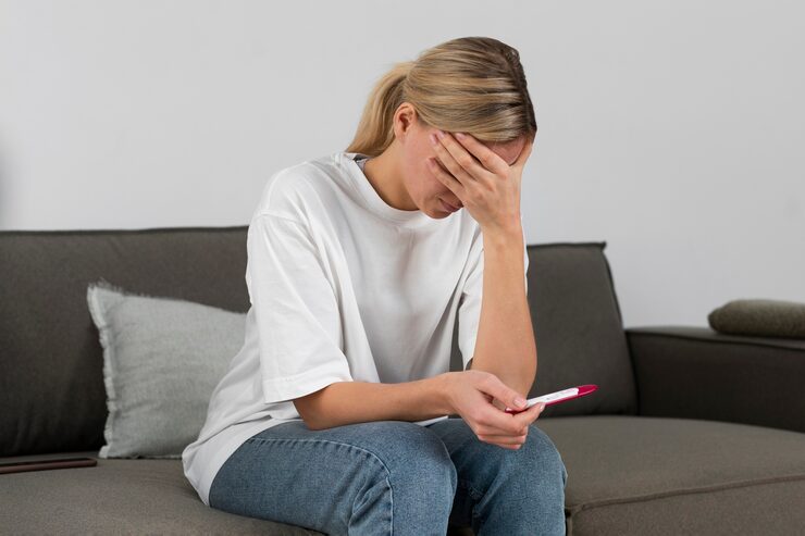 Woman sitting thoughtfully with a pregnancy test, representing fertility and reproductive health support.