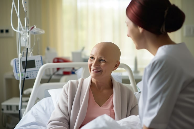 Healthcare provider supporting a patient during cancer treatment with personalized integrative care.